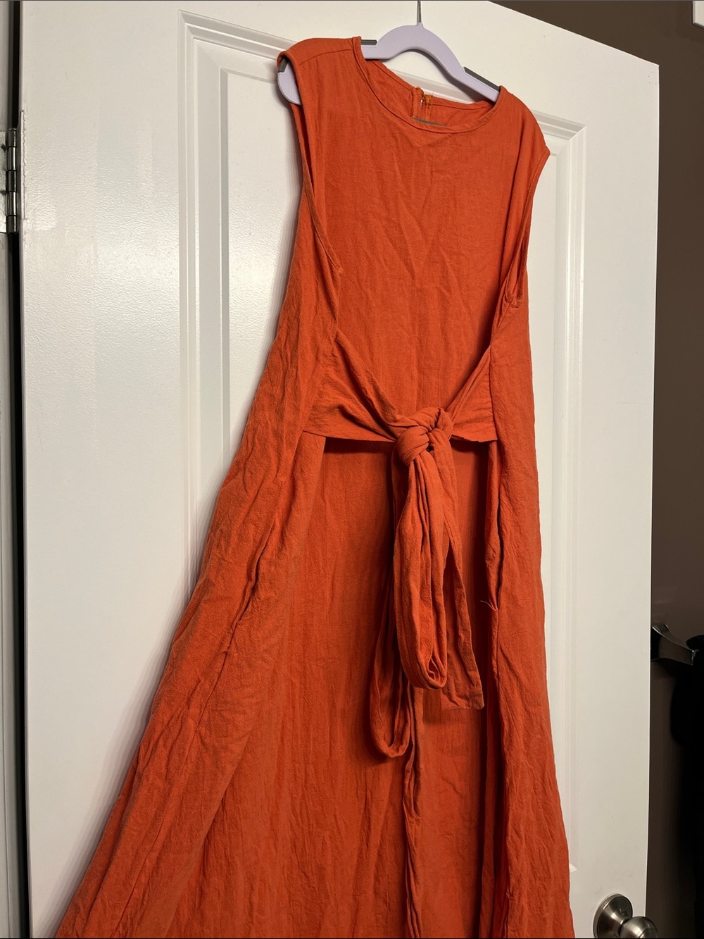Women's Sleeveless 100% Cotton Tie-Waist crew neck long maxi dress in Yam Orange - Picture 8 of 16